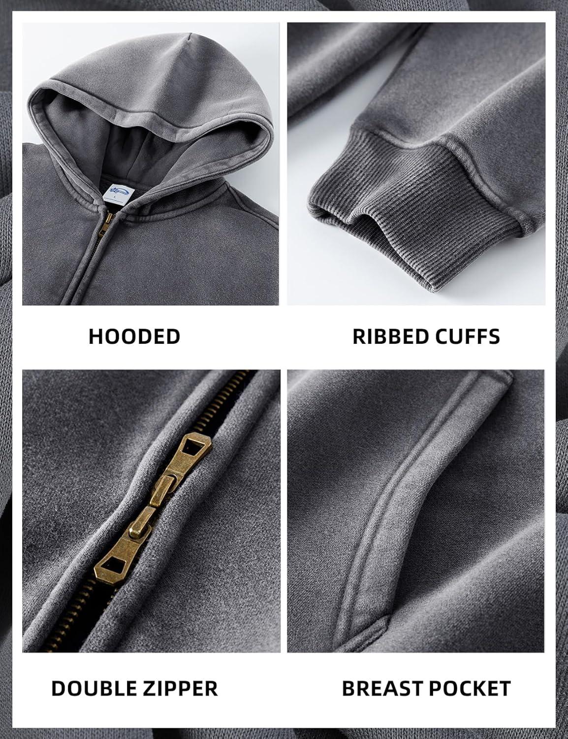 image:imageArssm Mens Oversized Zip Up Hoodies Jackets Fleece Vintage Acid Wash Cotton Heavyweight Distressed SweatshirtDarkgrey