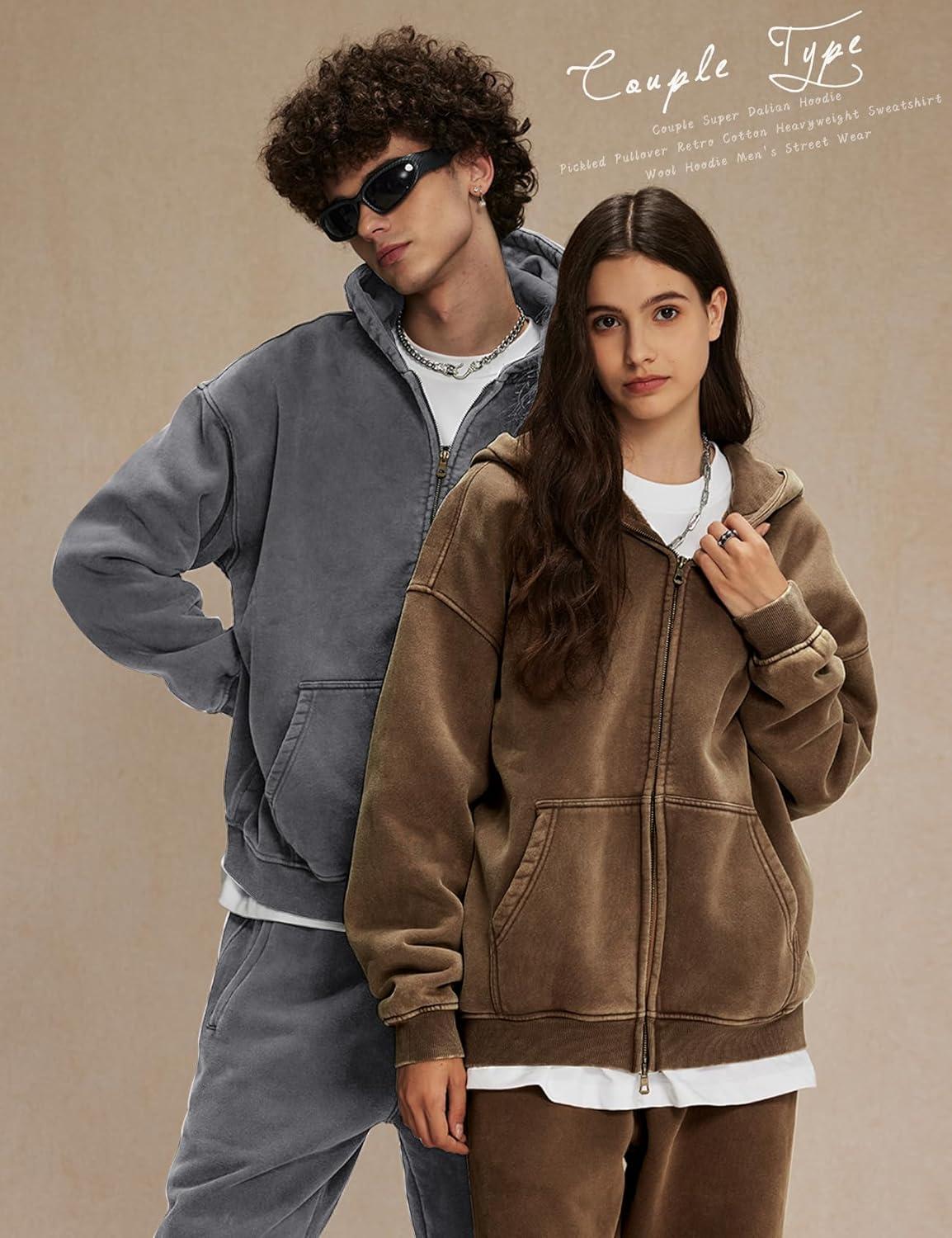 image:imageArssm Mens Oversized Zip Up Hoodies Jackets Fleece Vintage Acid Wash Cotton Heavyweight Distressed SweatshirtDarkgrey