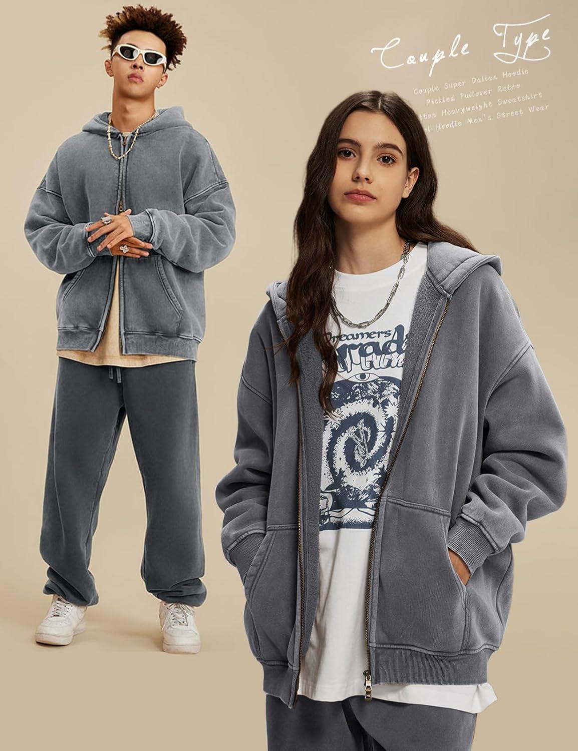 image:imageArssm Mens Oversized Zip Up Hoodies Jackets Fleece Vintage Acid Wash Cotton Heavyweight Distressed SweatshirtDarkgrey