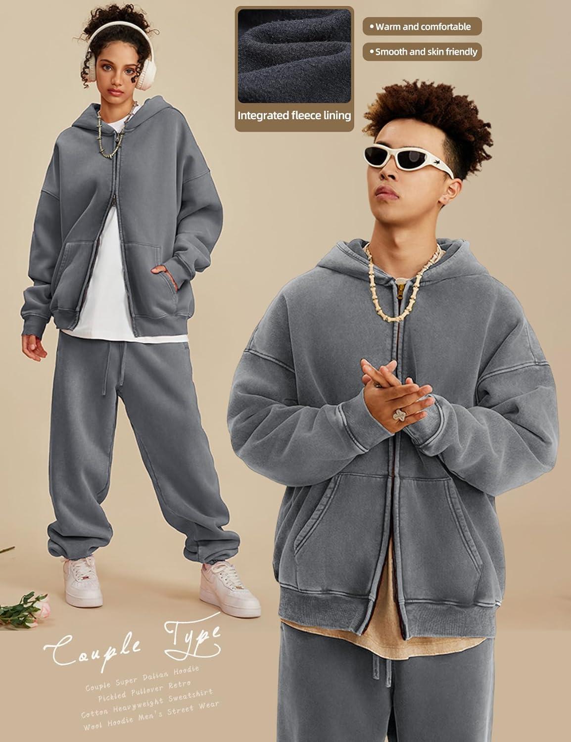 image:imageArssm Mens Oversized Zip Up Hoodies Jackets Fleece Vintage Acid Wash Cotton Heavyweight Distressed SweatshirtDarkgrey