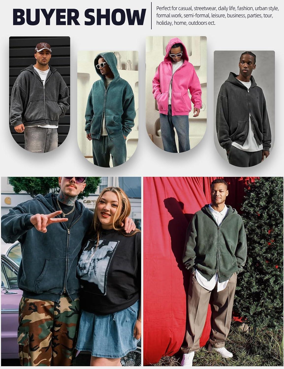 image:imageArssm Mens Oversized Zip Up Hoodies Jackets Fleece Vintage Acid Wash Cotton Heavyweight Distressed SweatshirtDarkgrey