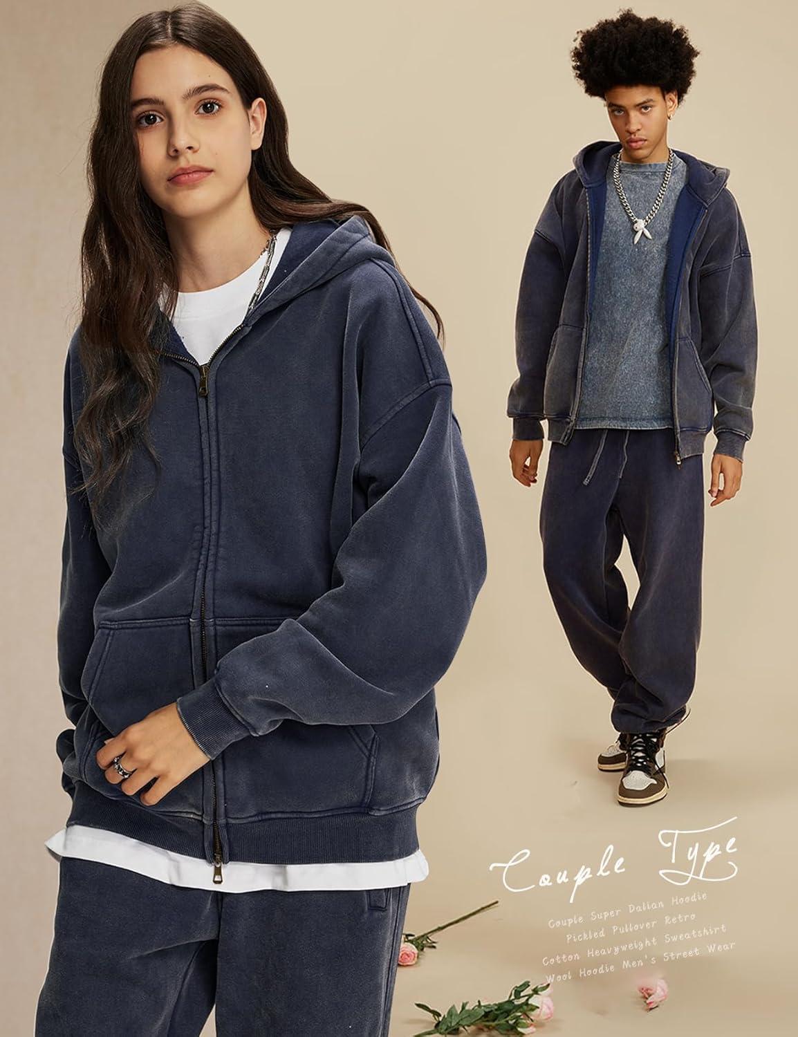 image:imageArssm Mens Oversized Zip Up Hoodies Jackets Fleece Vintage Acid Wash Cotton Heavyweight Distressed SweatshirtNavy