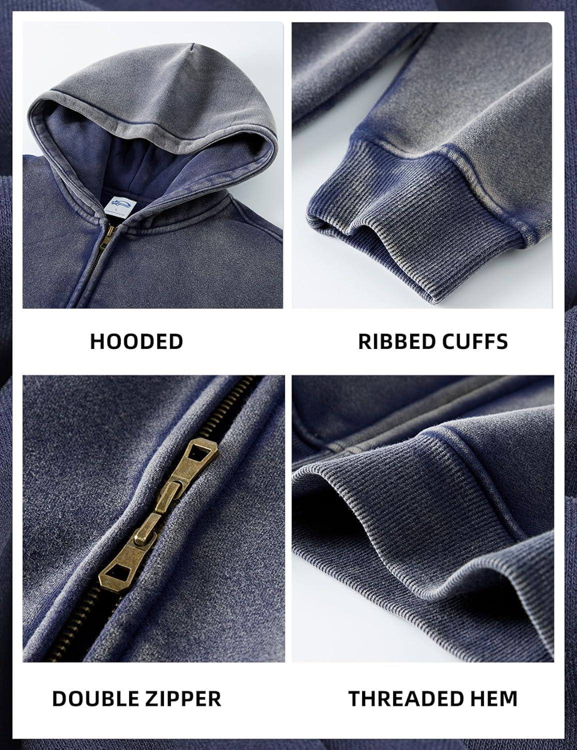 image:imageArssm Mens Oversized Zip Up Hoodies Jackets Fleece Vintage Acid Wash Cotton Heavyweight Distressed SweatshirtNavy