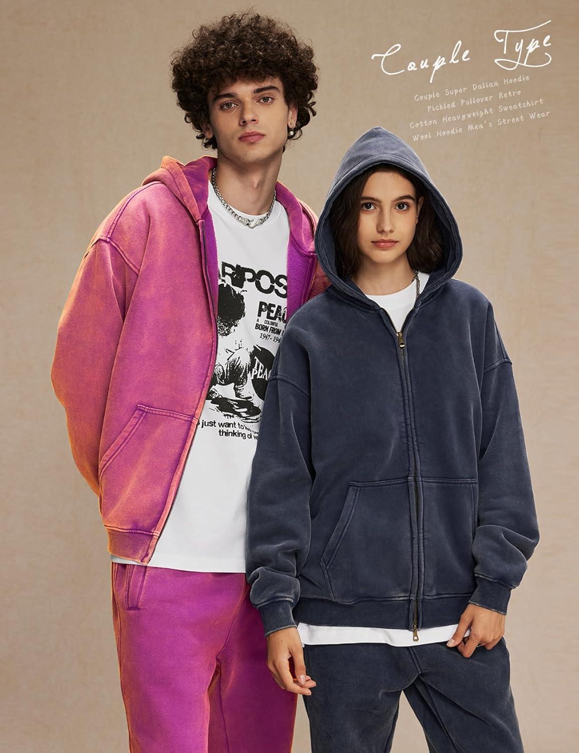 image:imageArssm Mens Oversized Zip Up Hoodies Jackets Fleece Vintage Acid Wash Cotton Heavyweight Distressed SweatshirtNavy