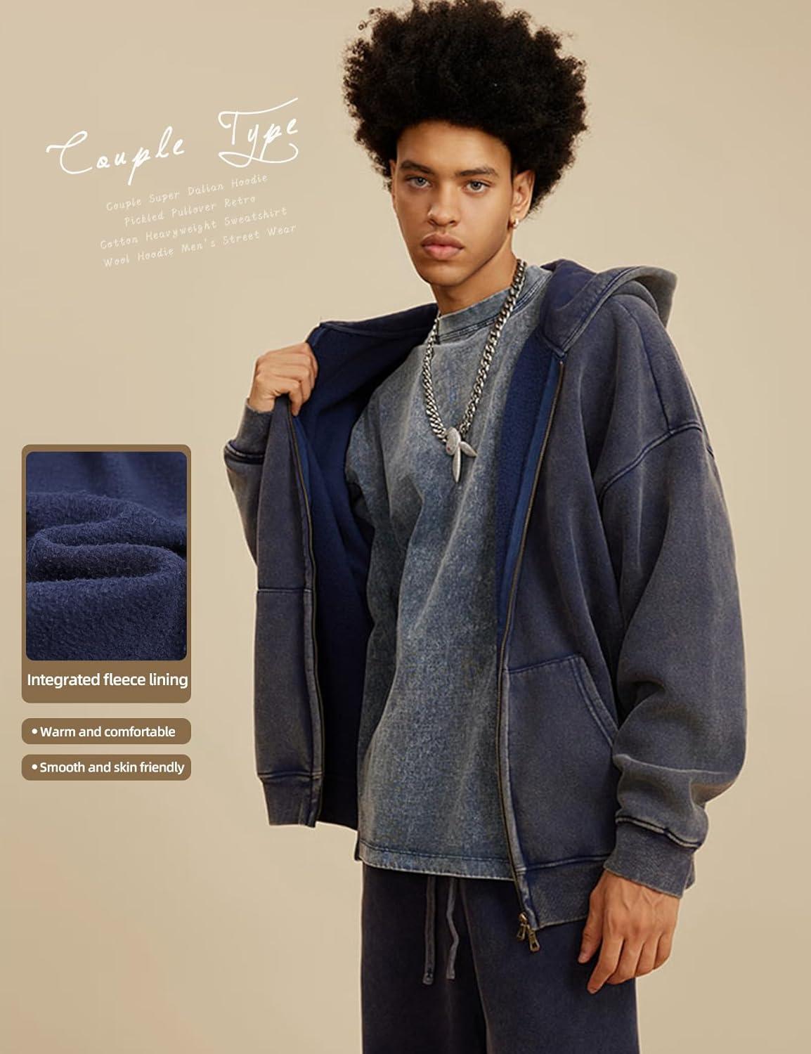 image:imageArssm Mens Oversized Zip Up Hoodies Jackets Fleece Vintage Acid Wash Cotton Heavyweight Distressed SweatshirtNavy