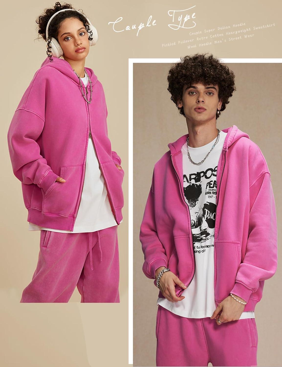 image:imageArssm Mens Oversized Zip Up Hoodies Jackets Fleece Vintage Acid Wash Cotton Heavyweight Distressed SweatshirtPink