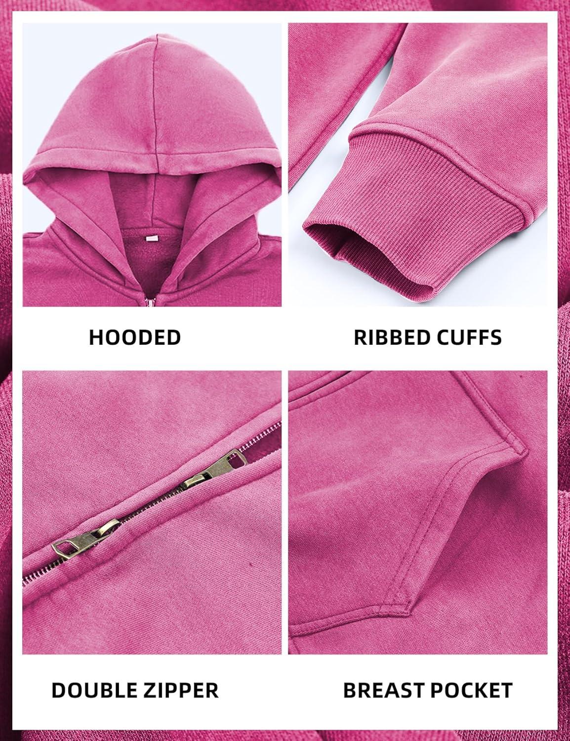 image:imageArssm Mens Oversized Zip Up Hoodies Jackets Fleece Vintage Acid Wash Cotton Heavyweight Distressed SweatshirtPink