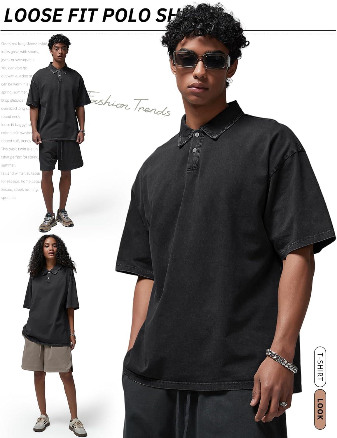 image:imageArssm Mens Polo Shirts Acid Washed Cotton Overzied T Shirts Baggy Short Sleeve Vintage Polo ShirtsBlack