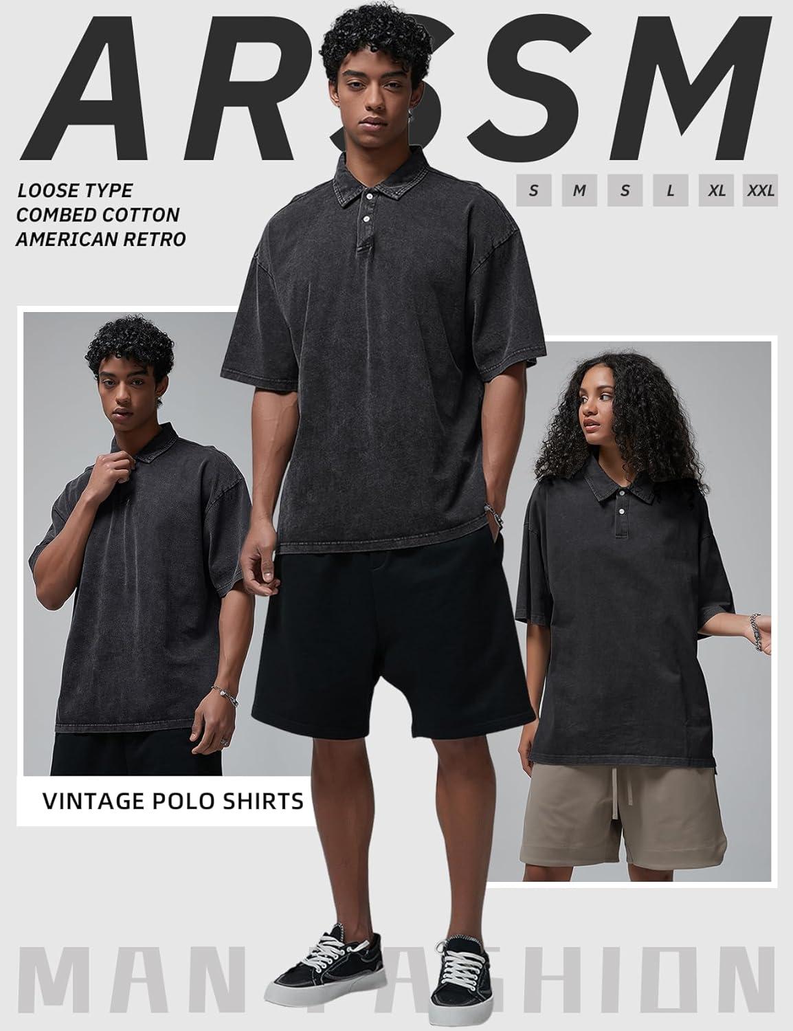 image:imageArssm Mens Polo Shirts Acid Washed Cotton Overzied T Shirts Baggy Short Sleeve Vintage Polo ShirtsBlack
