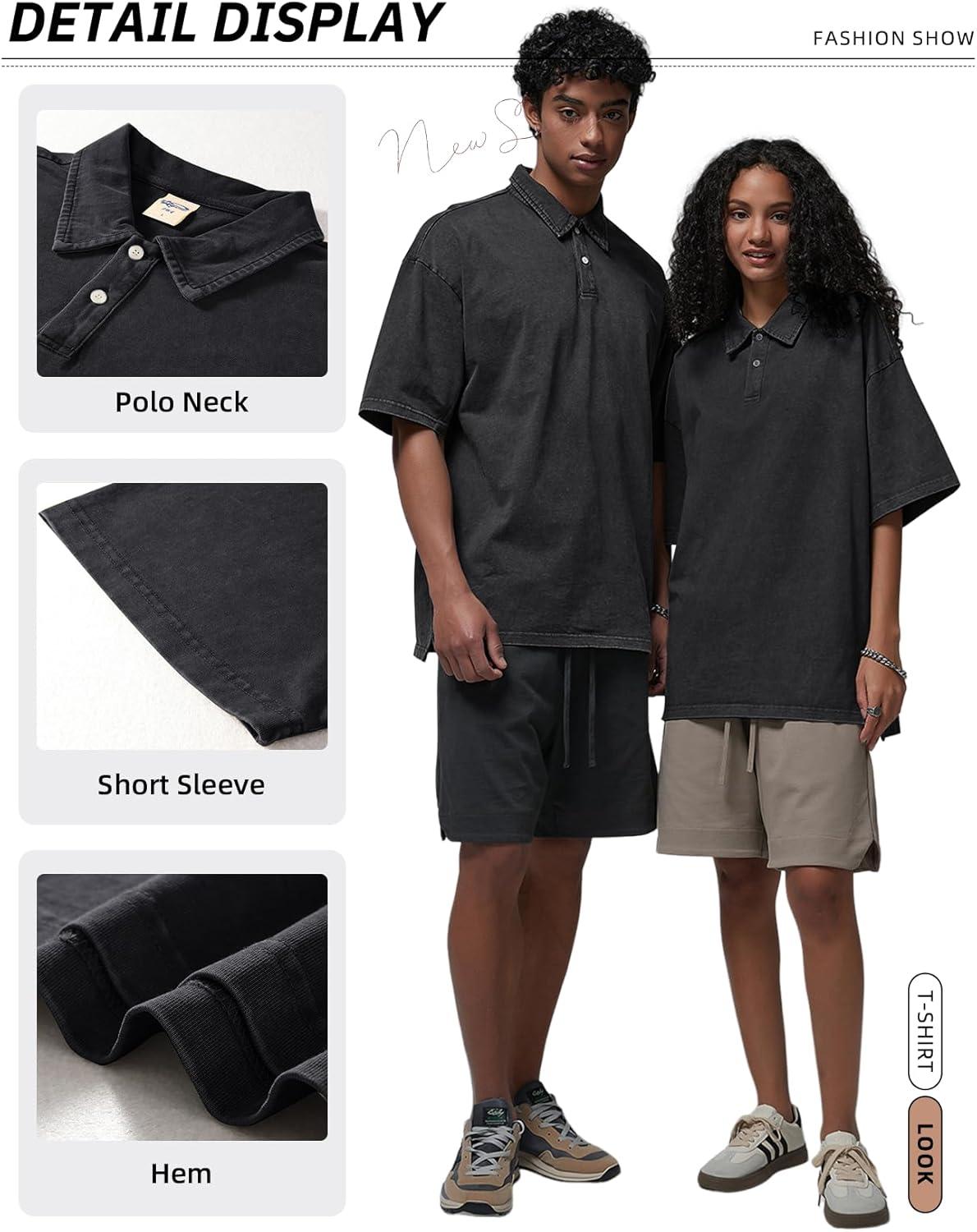 image:imageArssm Mens Polo Shirts Acid Washed Cotton Overzied T Shirts Baggy Short Sleeve Vintage Polo ShirtsBlack