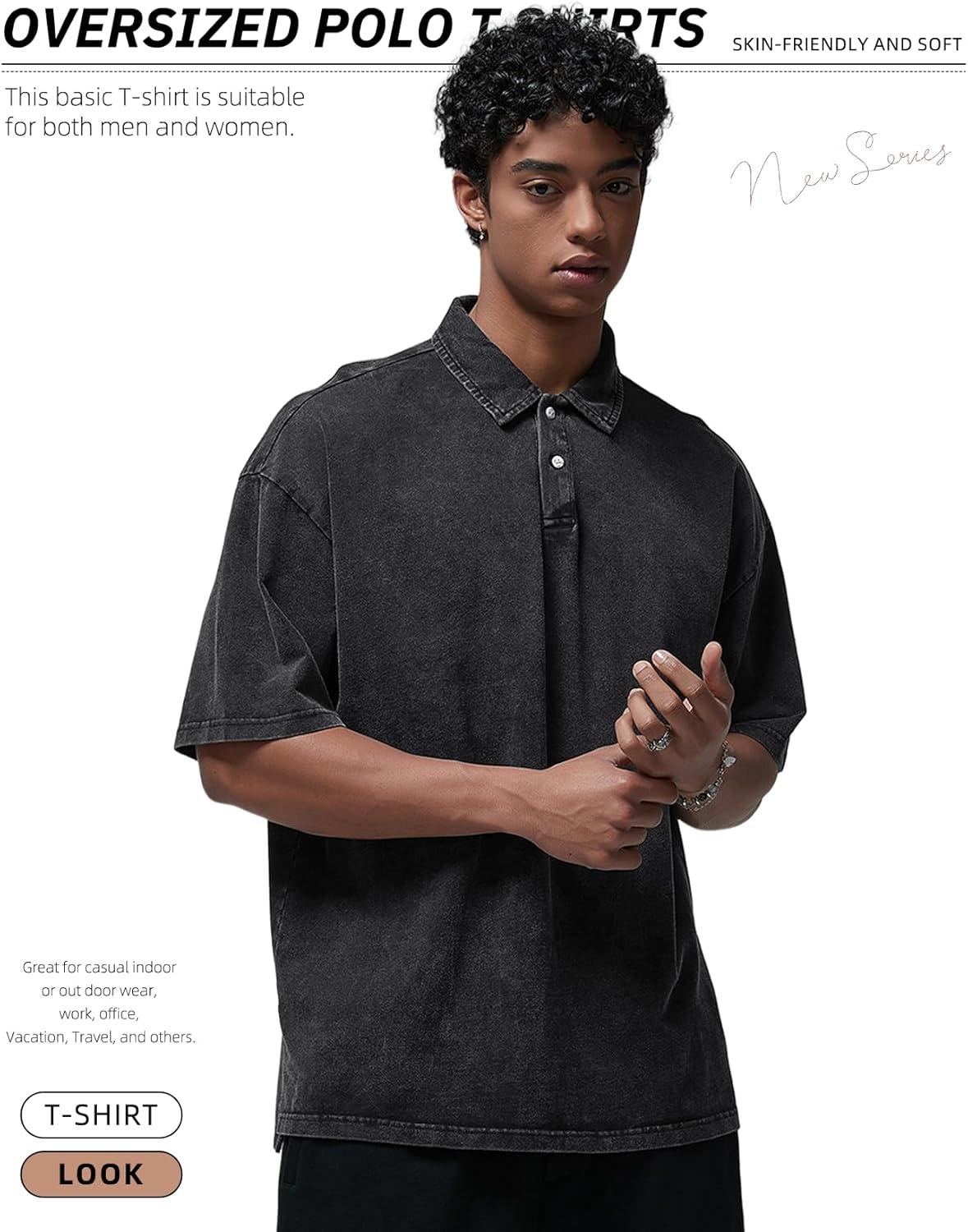 image:imageArssm Mens Polo Shirts Acid Washed Cotton Overzied T Shirts Baggy Short Sleeve Vintage Polo ShirtsBlack