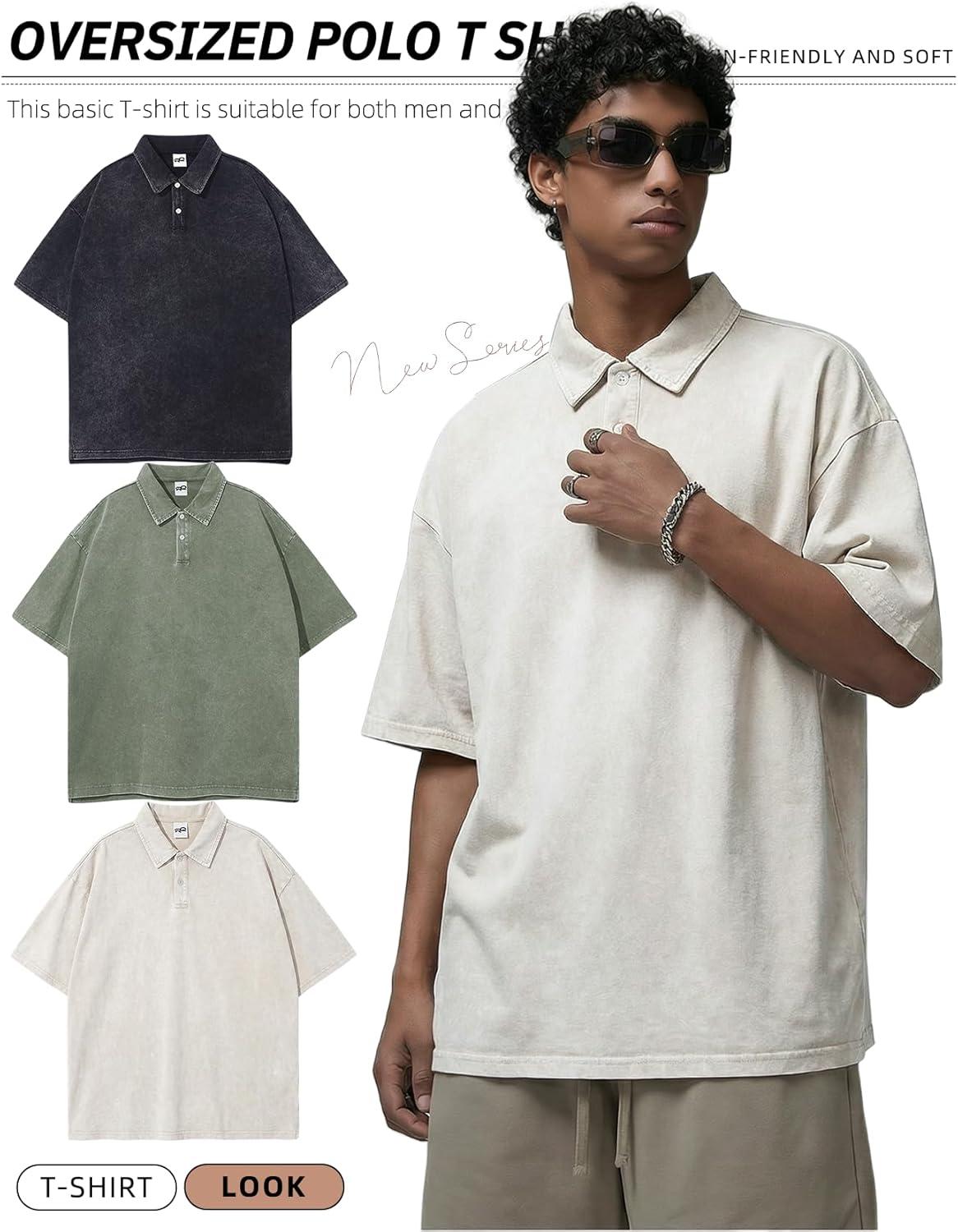 image:imageArssm Mens Polo Shirts Acid Washed Cotton Overzied T Shirts Baggy Short Sleeve Vintage Polo ShirtsBlackbeigearmy