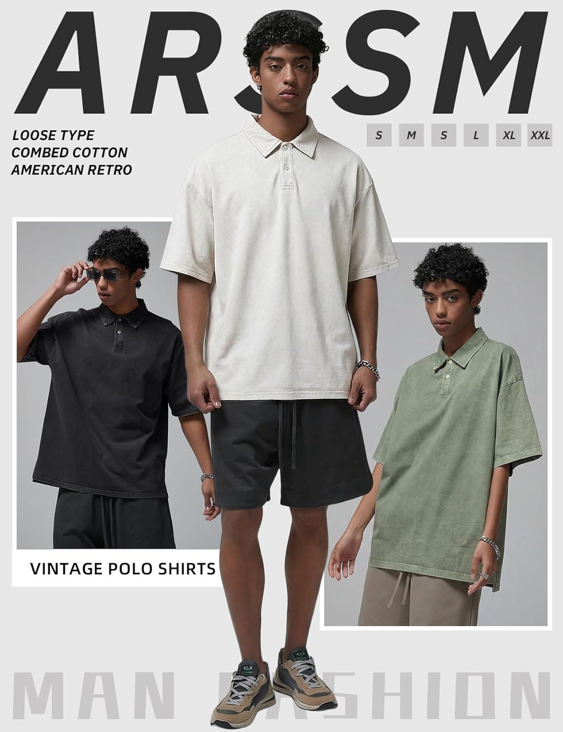 image:imageArssm Mens Polo Shirts Acid Washed Cotton Overzied T Shirts Baggy Short Sleeve Vintage Polo ShirtsBlackbeigearmy