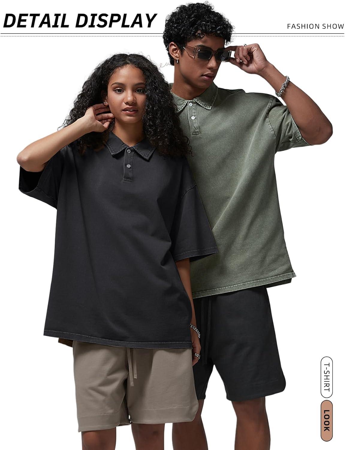 image:imageArssm Mens Polo Shirts Acid Washed Cotton Overzied T Shirts Baggy Short Sleeve Vintage Polo ShirtsBlackbeigearmy
