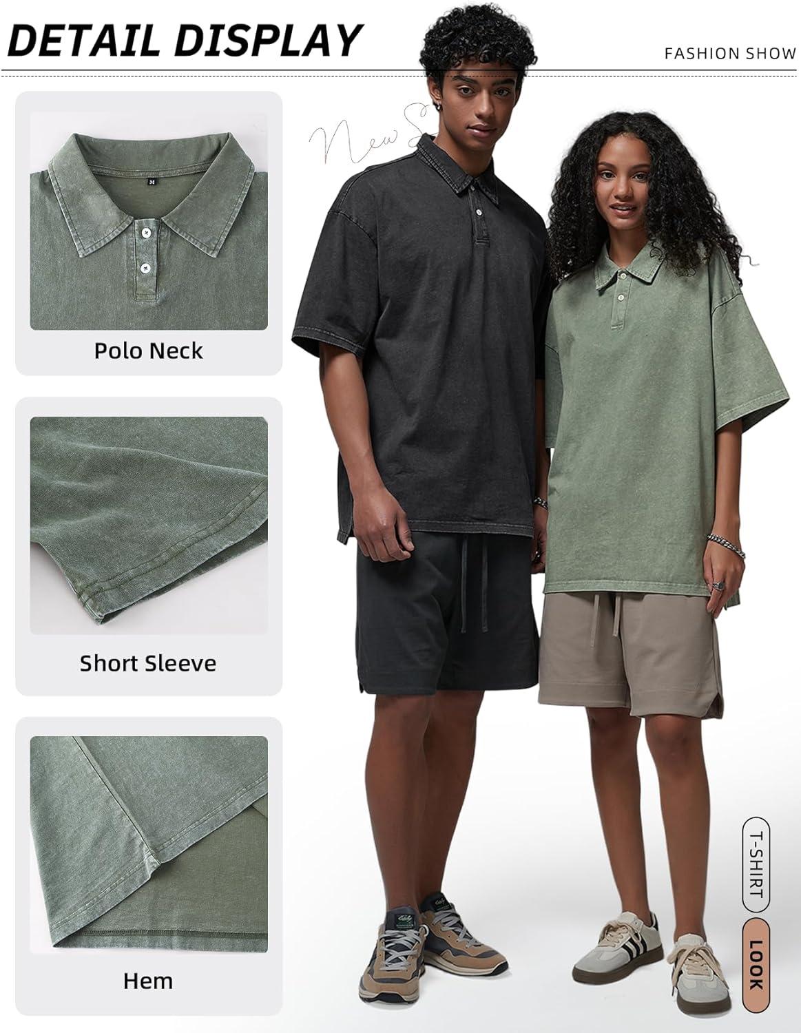 image:imageArssm Mens Polo Shirts Acid Washed Cotton Overzied T Shirts Baggy Short Sleeve Vintage Polo ShirtsBlackgreyarmy