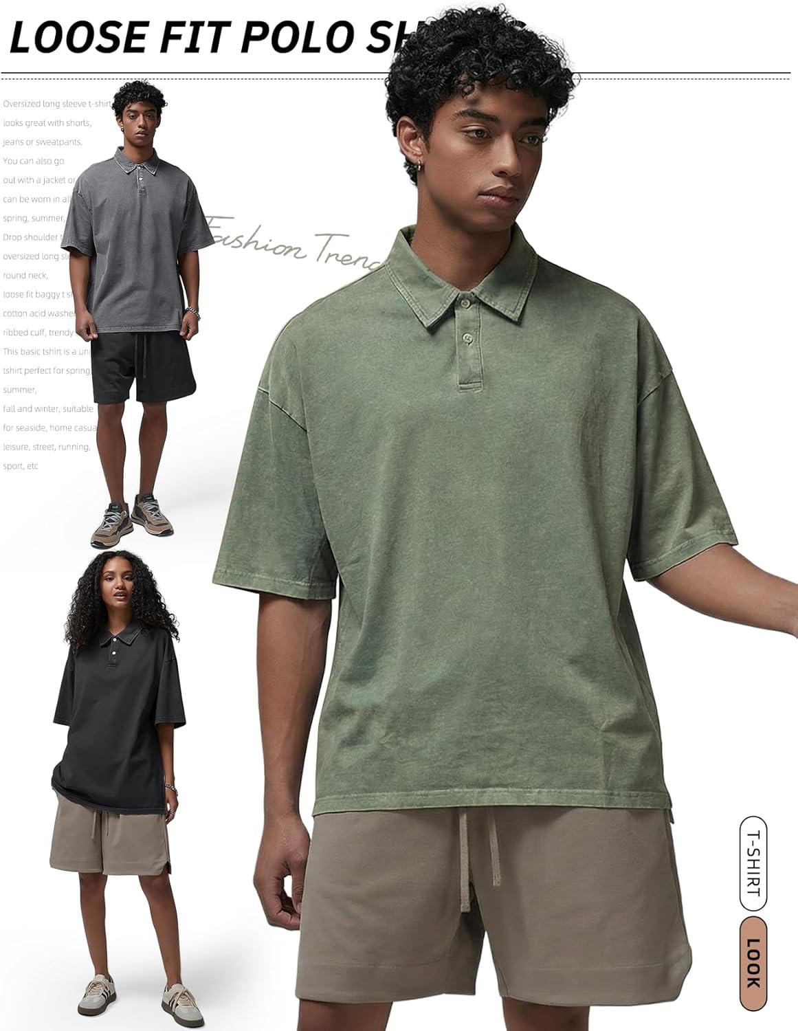 image:imageArssm Mens Polo Shirts Acid Washed Cotton Overzied T Shirts Baggy Short Sleeve Vintage Polo ShirtsBlackgreyarmy