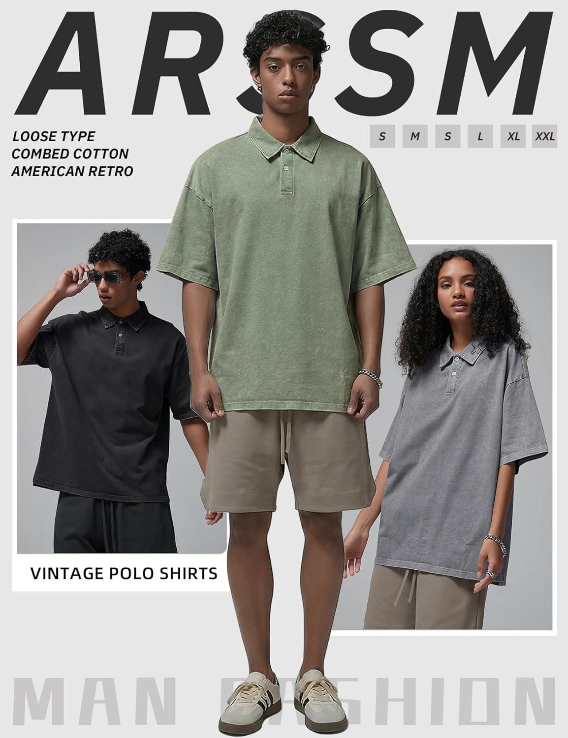 image:imageArssm Mens Polo Shirts Acid Washed Cotton Overzied T Shirts Baggy Short Sleeve Vintage Polo ShirtsBlackgreyarmy