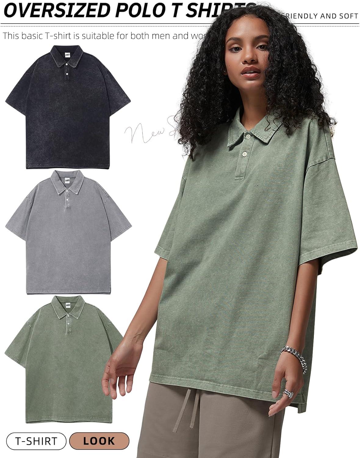 image:imageArssm Mens Polo Shirts Acid Washed Cotton Overzied T Shirts Baggy Short Sleeve Vintage Polo ShirtsBlackgreyarmy
