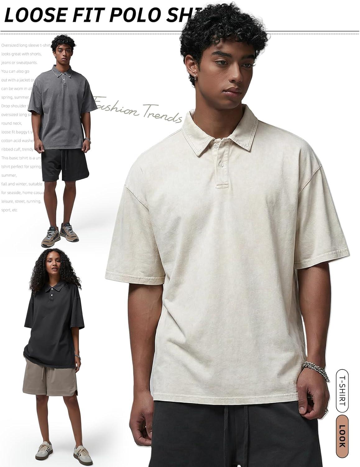 image:imageArssm Mens Polo Shirts Acid Washed Cotton Overzied T Shirts Baggy Short Sleeve Vintage Polo ShirtsBlackgreybeige
