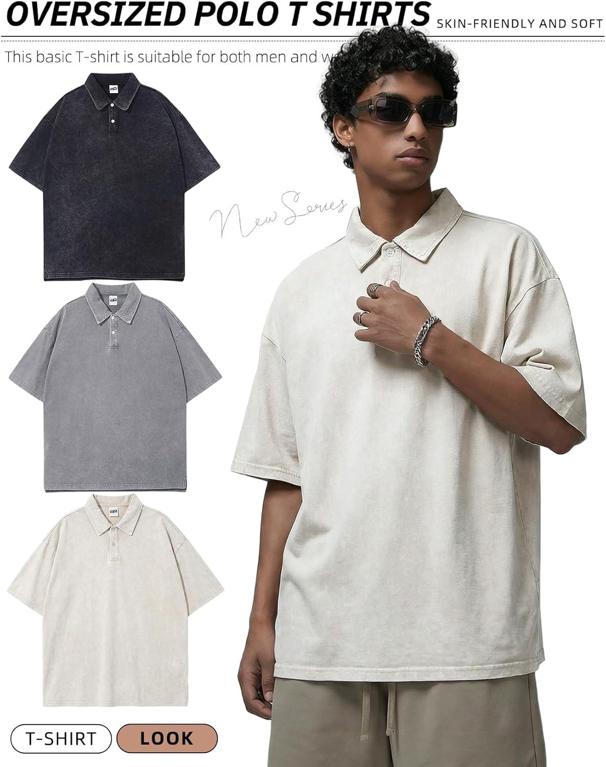image:imageArssm Mens Polo Shirts Acid Washed Cotton Overzied T Shirts Baggy Short Sleeve Vintage Polo ShirtsBlackgreybeige