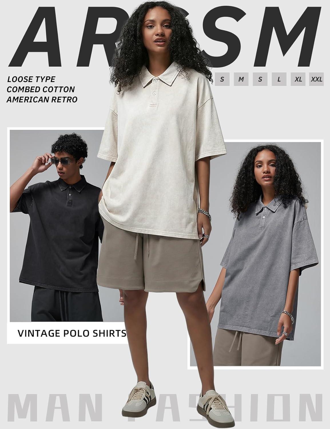 image:imageArssm Mens Polo Shirts Acid Washed Cotton Overzied T Shirts Baggy Short Sleeve Vintage Polo ShirtsBlackgreybeige