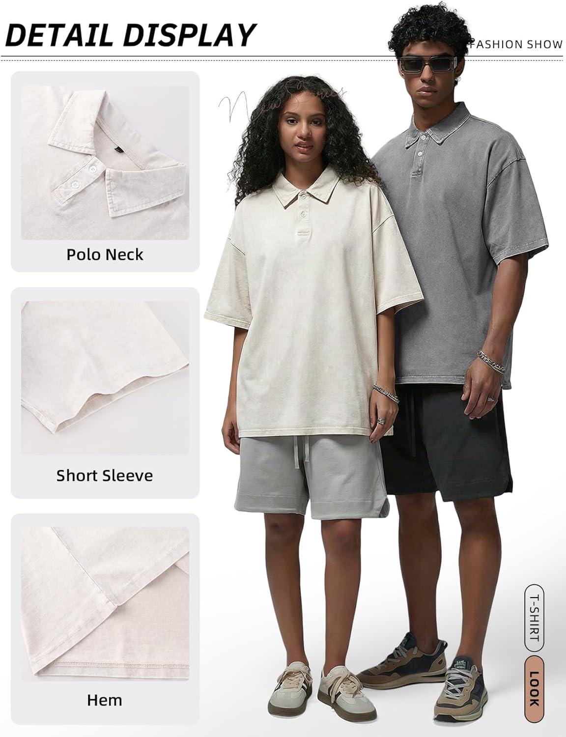image:imageArssm Mens Polo Shirts Acid Washed Cotton Overzied T Shirts Baggy Short Sleeve Vintage Polo ShirtsBlackgreybeige