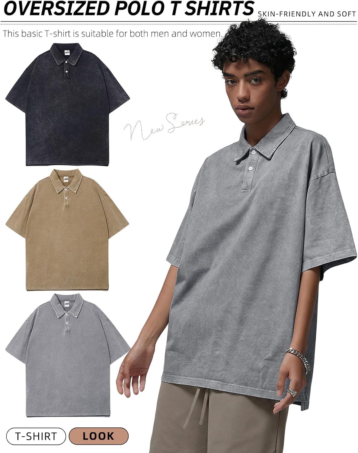 image:imageArssm Mens Polo Shirts Acid Washed Cotton Overzied T Shirts Baggy Short Sleeve Vintage Polo ShirtsBlackgreykhaki