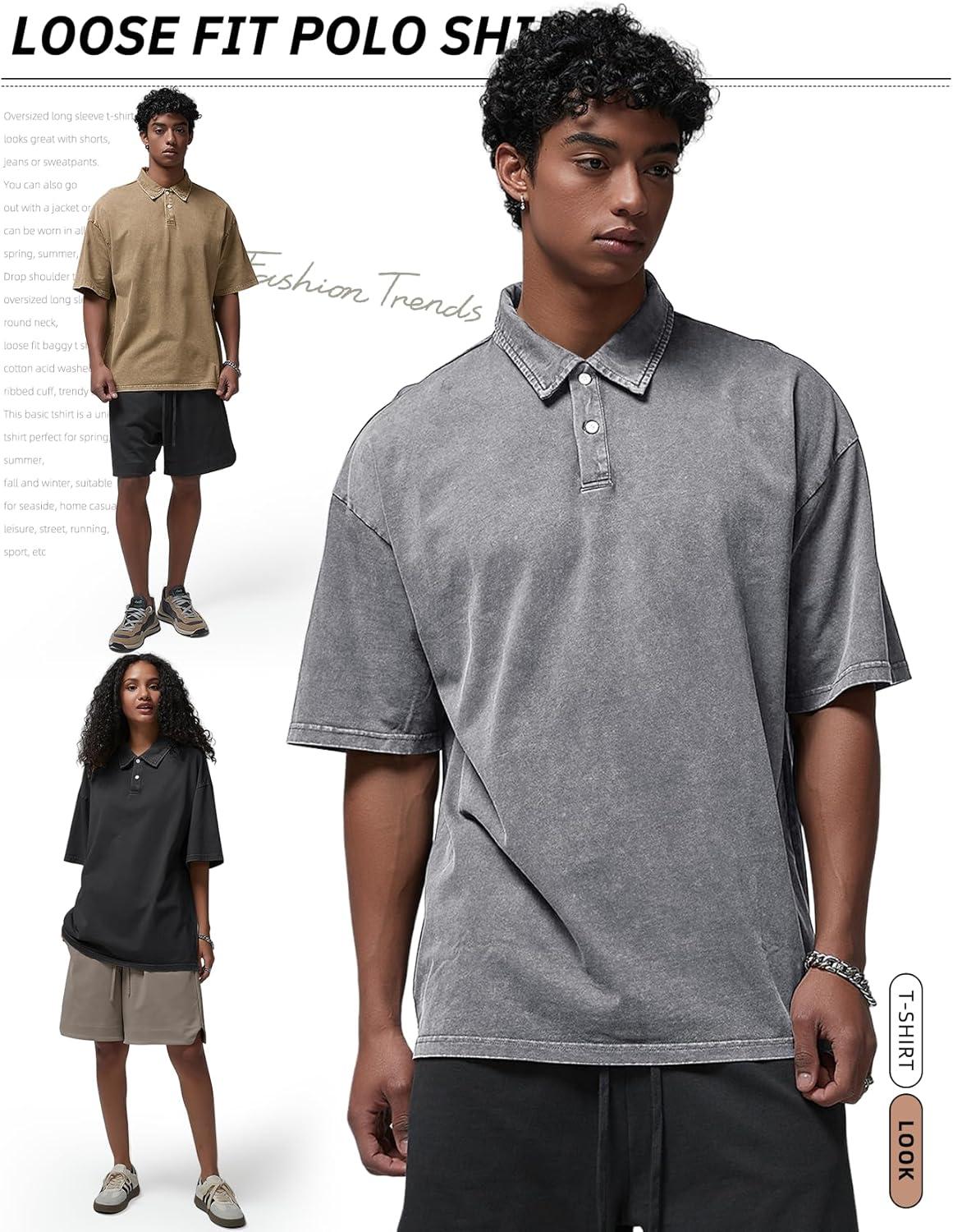image:imageArssm Mens Polo Shirts Acid Washed Cotton Overzied T Shirts Baggy Short Sleeve Vintage Polo ShirtsBlackgreykhaki