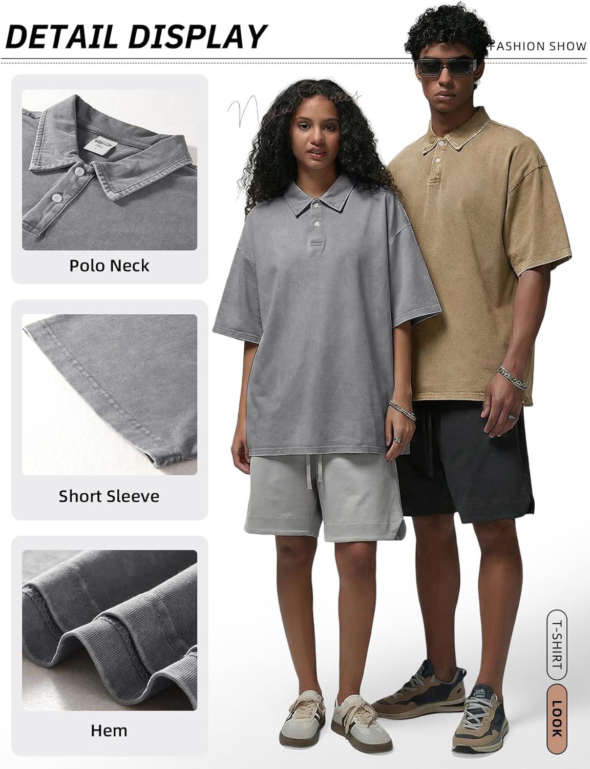 image:imageArssm Mens Polo Shirts Acid Washed Cotton Overzied T Shirts Baggy Short Sleeve Vintage Polo ShirtsBlackgreykhaki