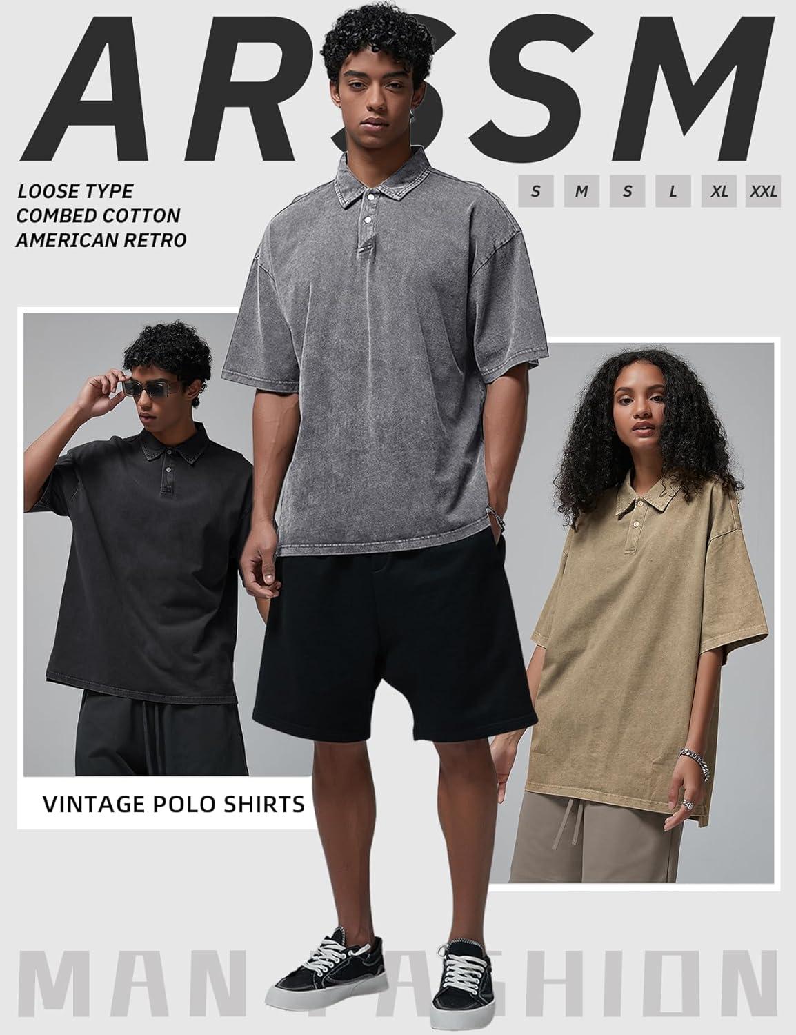 image:imageArssm Mens Polo Shirts Acid Washed Cotton Overzied T Shirts Baggy Short Sleeve Vintage Polo ShirtsBlackgreykhaki