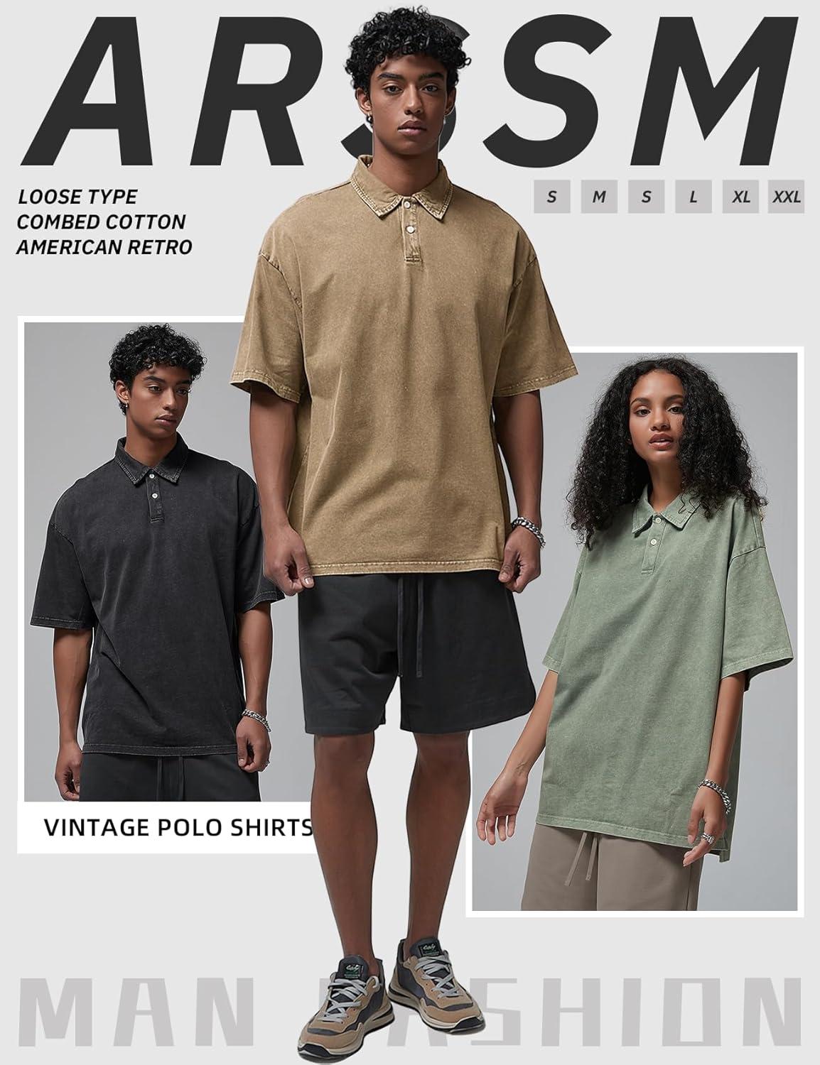 image:imageArssm Mens Polo Shirts Acid Washed Cotton Overzied T Shirts Baggy Short Sleeve Vintage Polo ShirtsBlackkhakiarmy