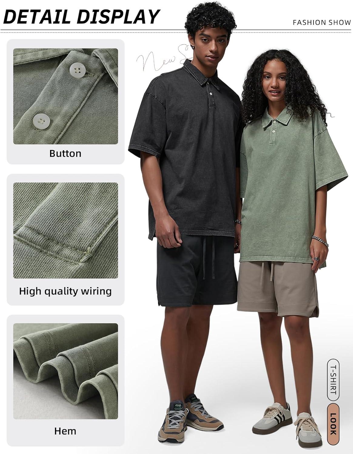 image:imageArssm Mens Polo Shirts Acid Washed Cotton Overzied T Shirts Baggy Short Sleeve Vintage Polo ShirtsBlackkhakiarmy