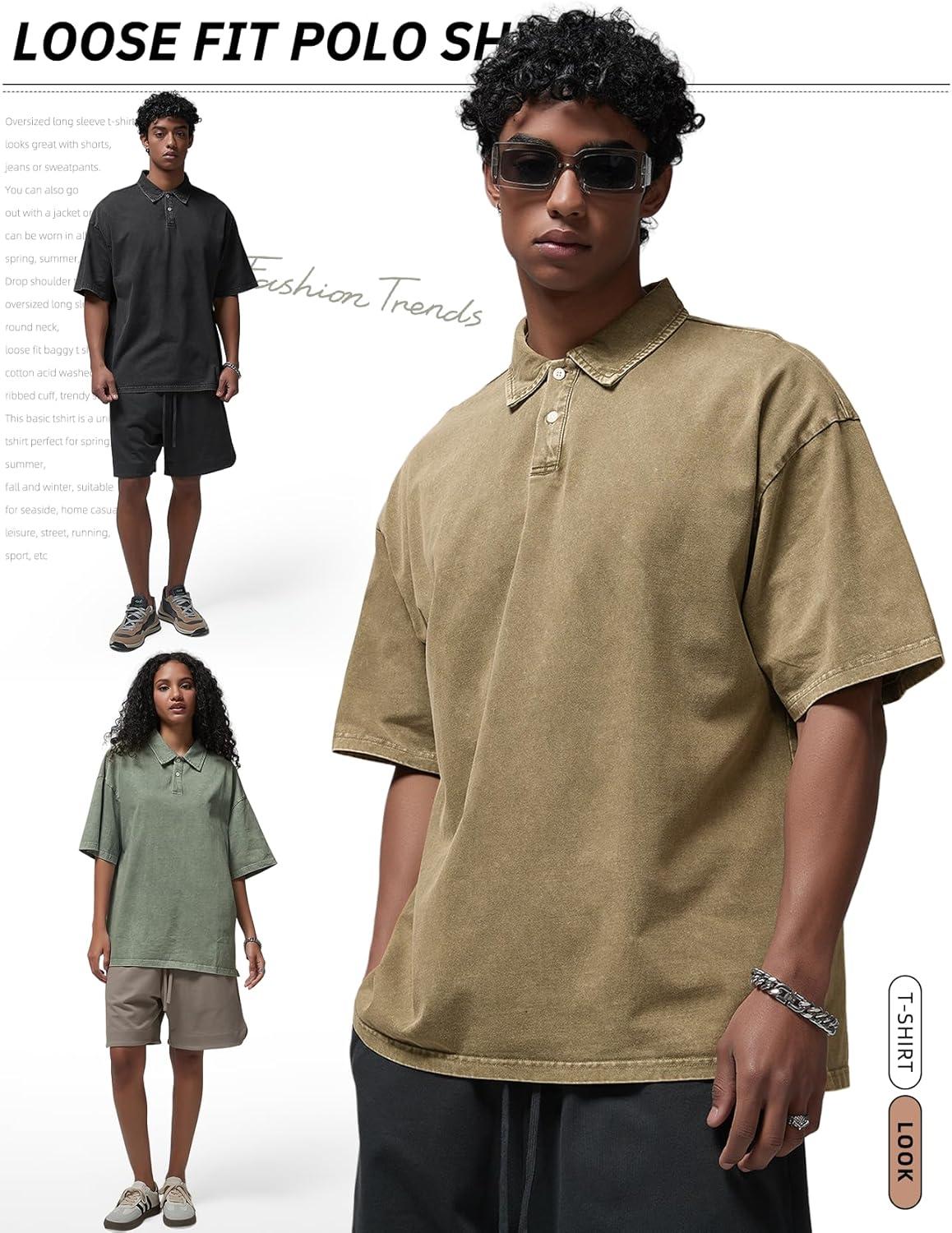 image:imageArssm Mens Polo Shirts Acid Washed Cotton Overzied T Shirts Baggy Short Sleeve Vintage Polo ShirtsBlackkhakiarmy