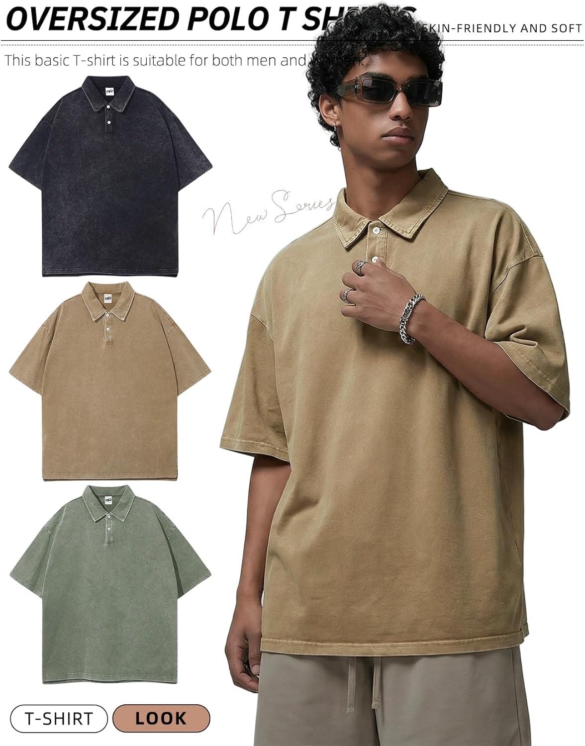 image:imageArssm Mens Polo Shirts Acid Washed Cotton Overzied T Shirts Baggy Short Sleeve Vintage Polo ShirtsBlackkhakiarmy