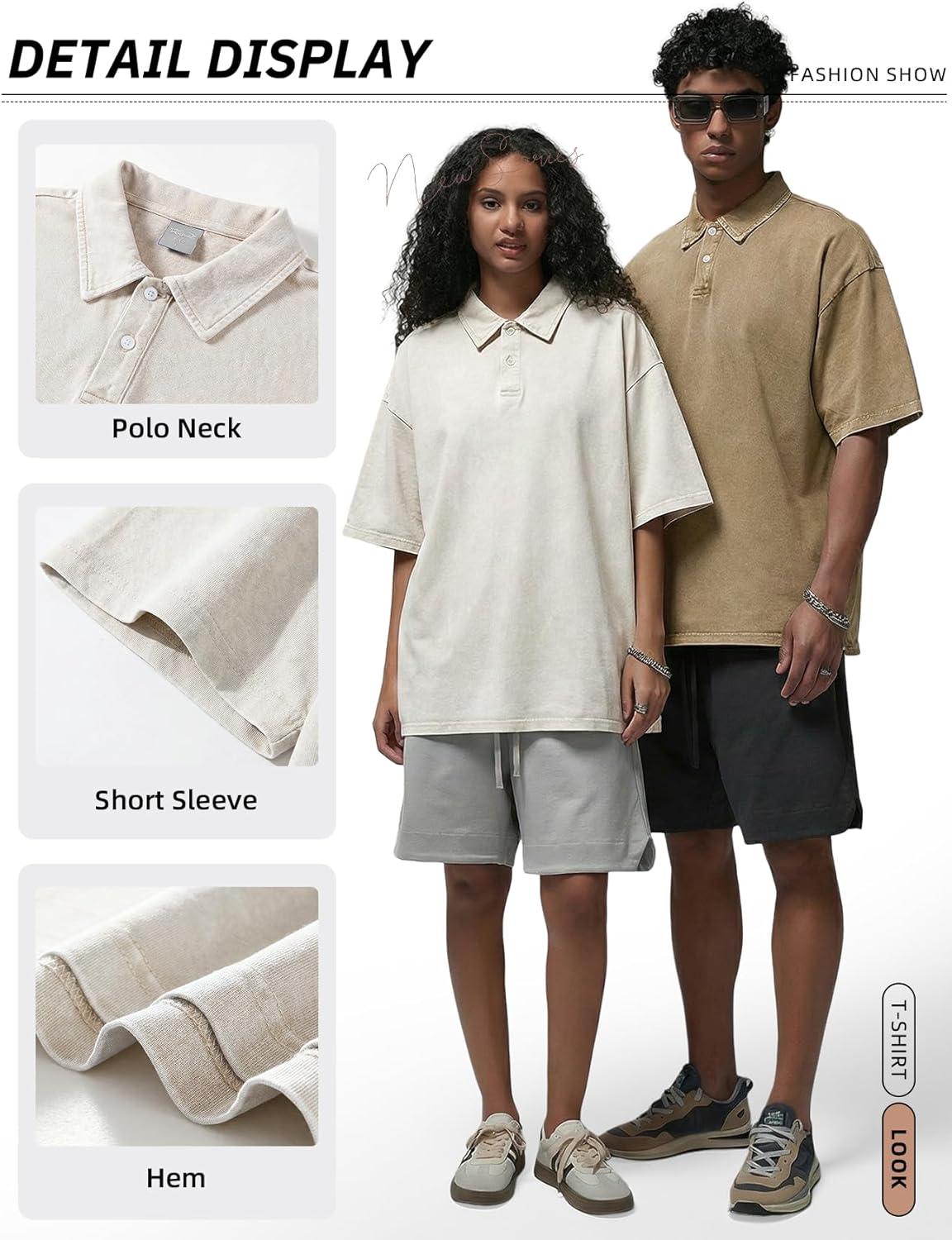 image:imageArssm Mens Polo Shirts Acid Washed Cotton Overzied T Shirts Baggy Short Sleeve Vintage Polo ShirtsBlackkhakibeige