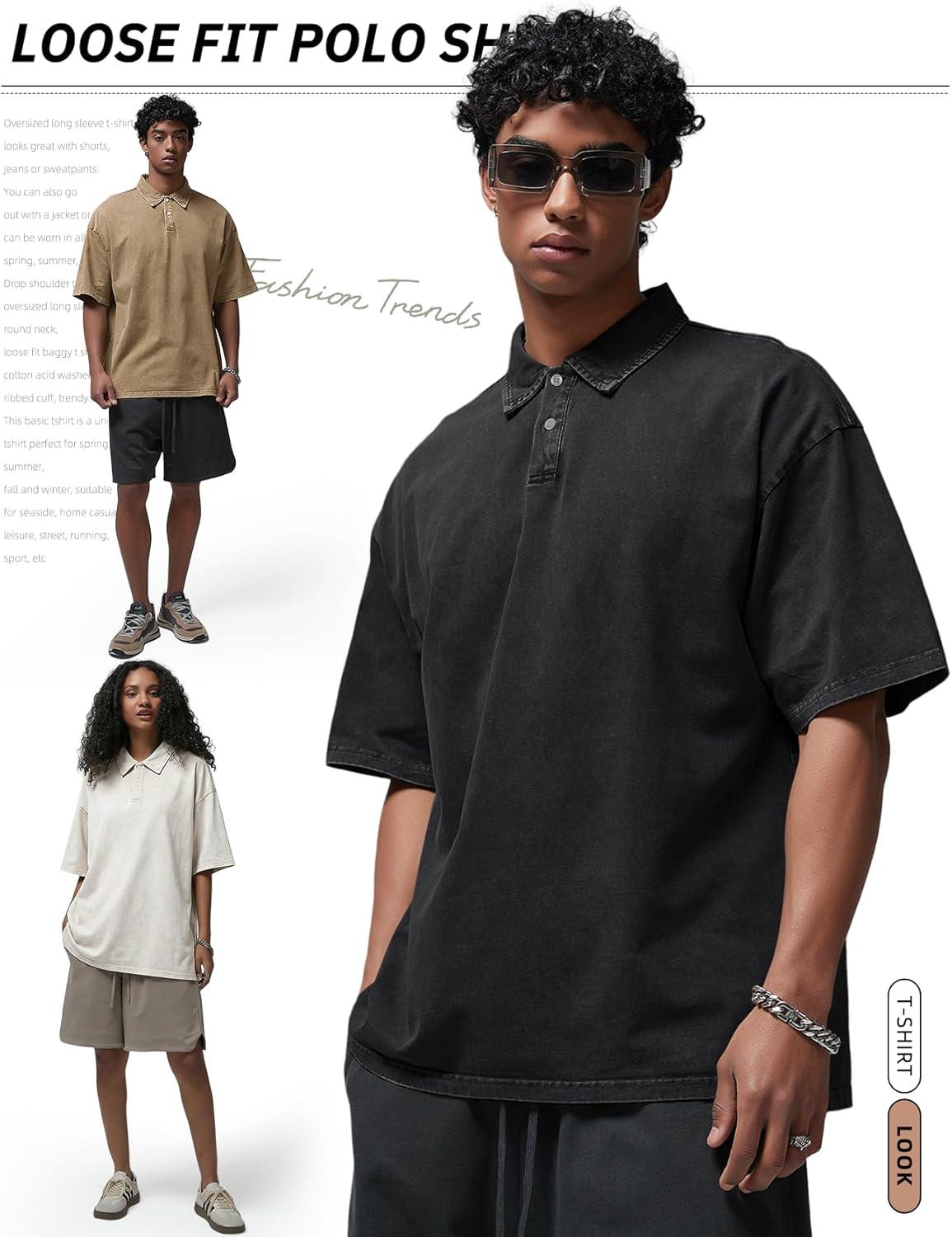 image:imageArssm Mens Polo Shirts Acid Washed Cotton Overzied T Shirts Baggy Short Sleeve Vintage Polo ShirtsBlackkhakibeige