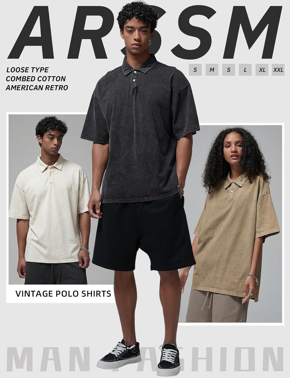 image:imageArssm Mens Polo Shirts Acid Washed Cotton Overzied T Shirts Baggy Short Sleeve Vintage Polo ShirtsBlackkhakibeige