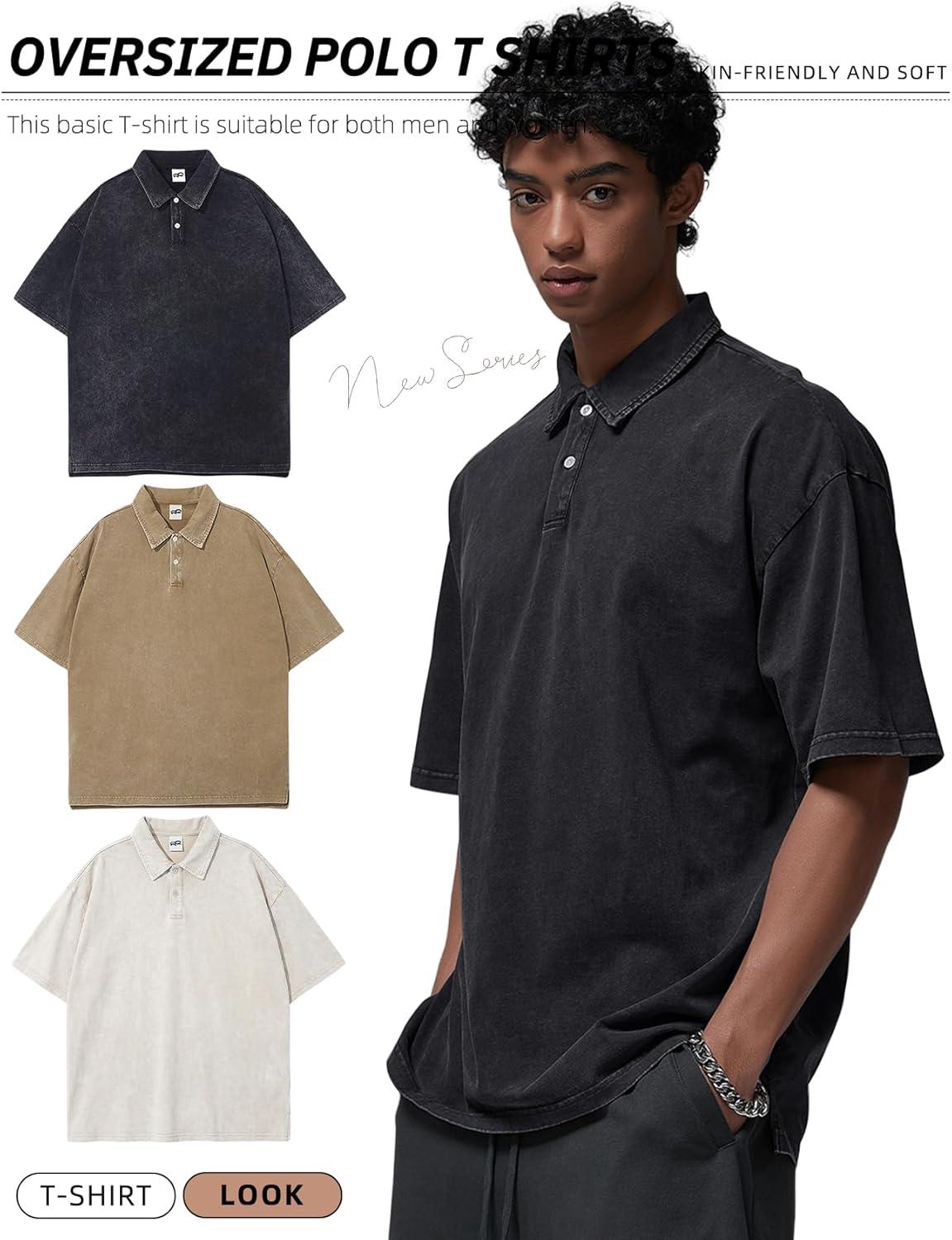 image:imageArssm Mens Polo Shirts Acid Washed Cotton Overzied T Shirts Baggy Short Sleeve Vintage Polo ShirtsBlackkhakibeige