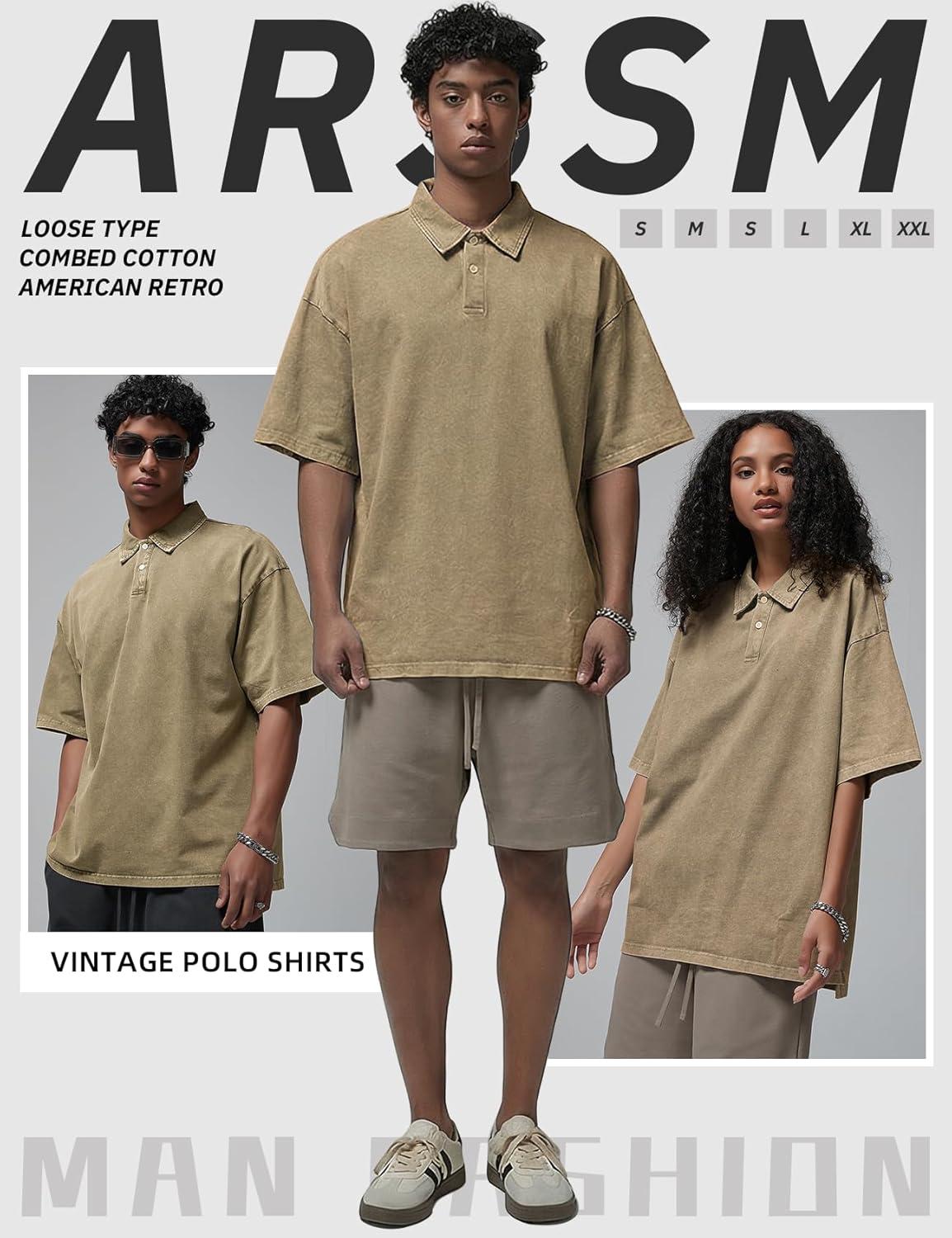 image:imageArssm Mens Polo Shirts Acid Washed Cotton Overzied T Shirts Baggy Short Sleeve Vintage Polo ShirtsKhaki