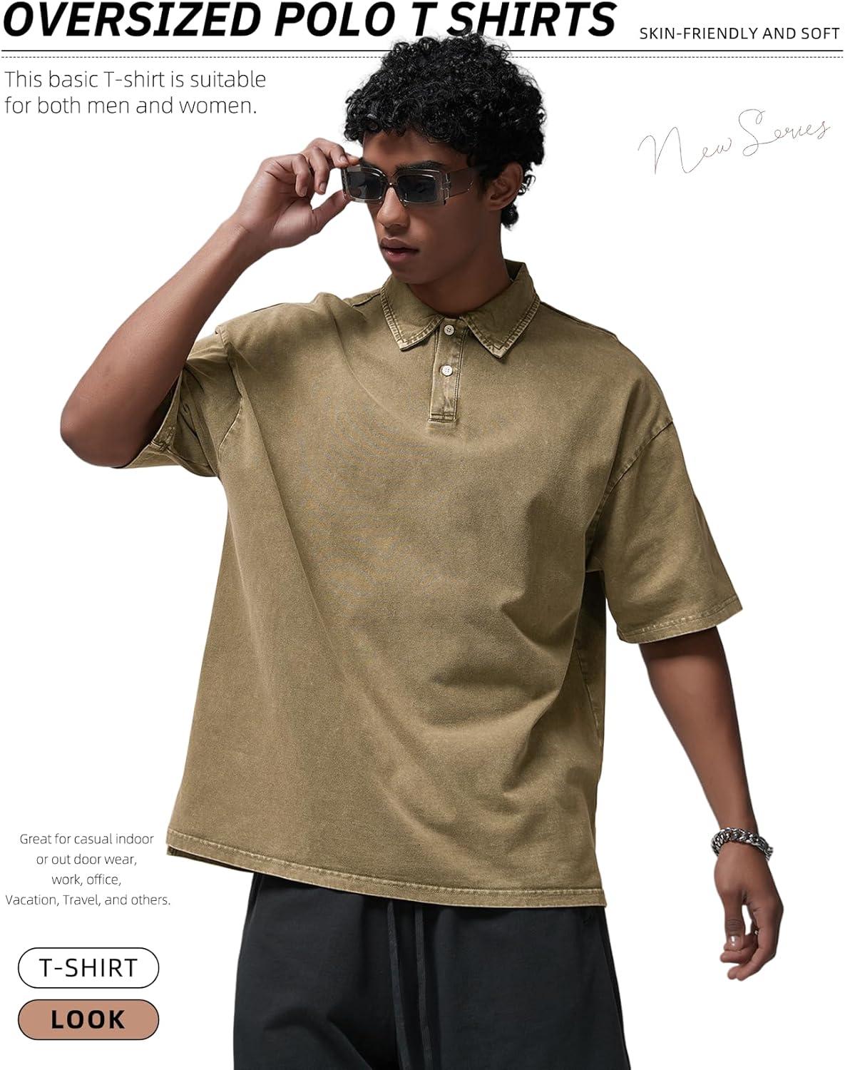 image:imageArssm Mens Polo Shirts Acid Washed Cotton Overzied T Shirts Baggy Short Sleeve Vintage Polo ShirtsKhaki