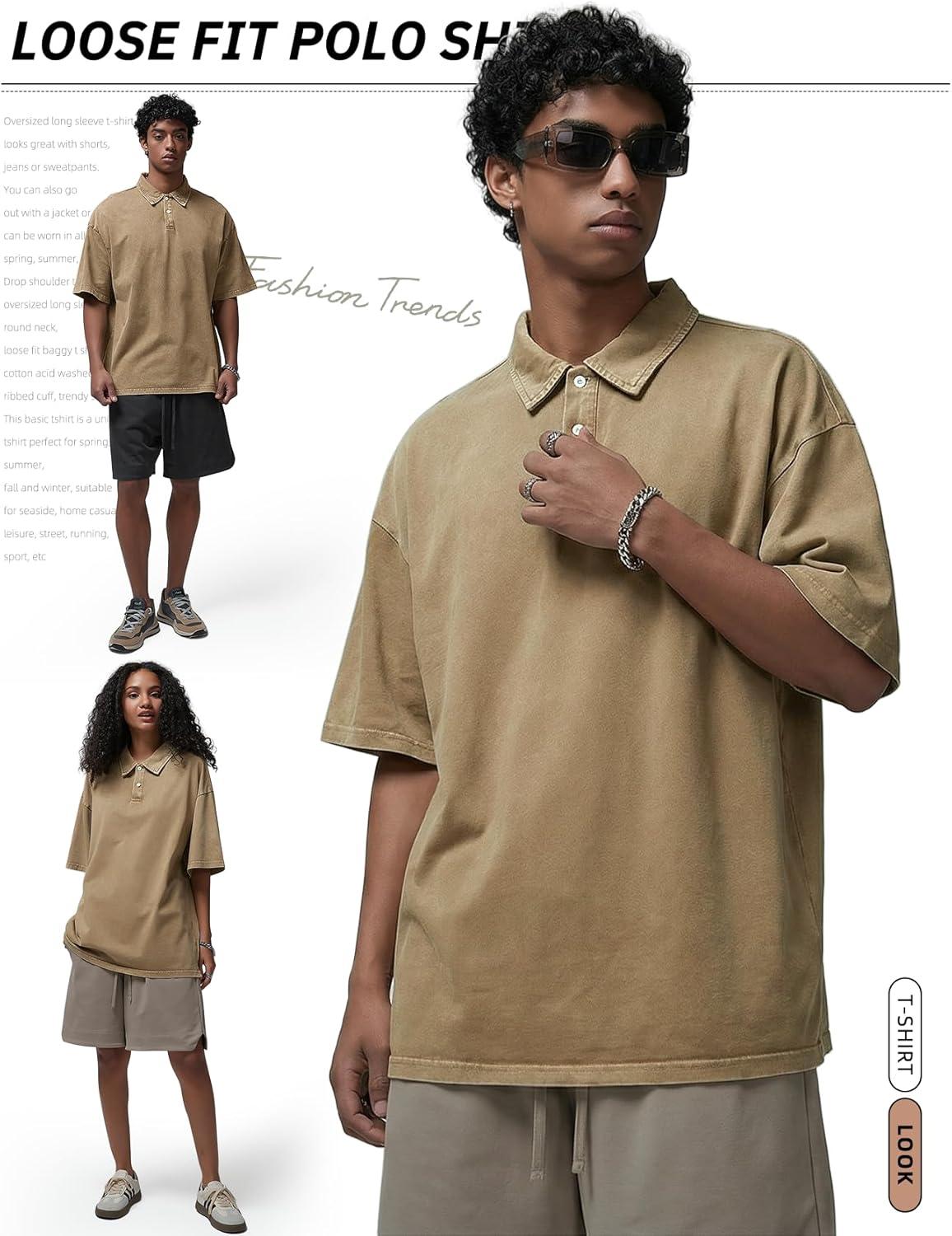 image:imageArssm Mens Polo Shirts Acid Washed Cotton Overzied T Shirts Baggy Short Sleeve Vintage Polo ShirtsKhaki