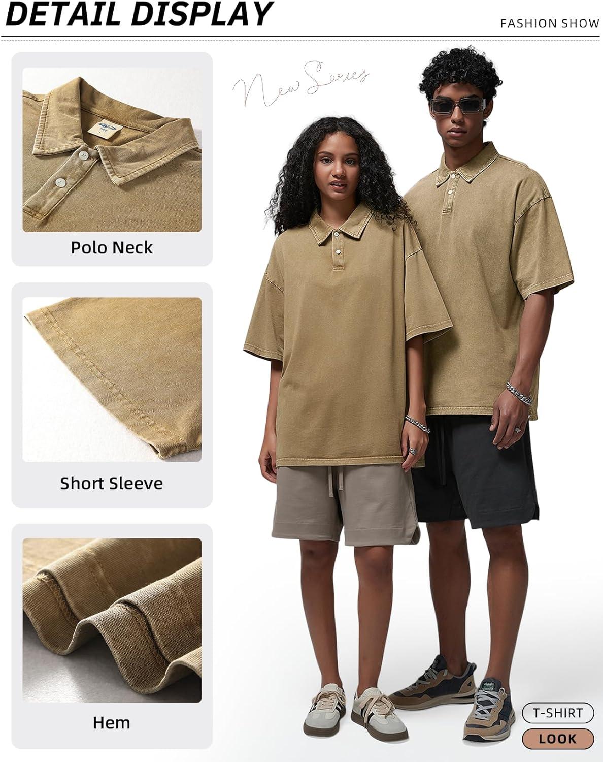 image:imageArssm Mens Polo Shirts Acid Washed Cotton Overzied T Shirts Baggy Short Sleeve Vintage Polo ShirtsKhaki