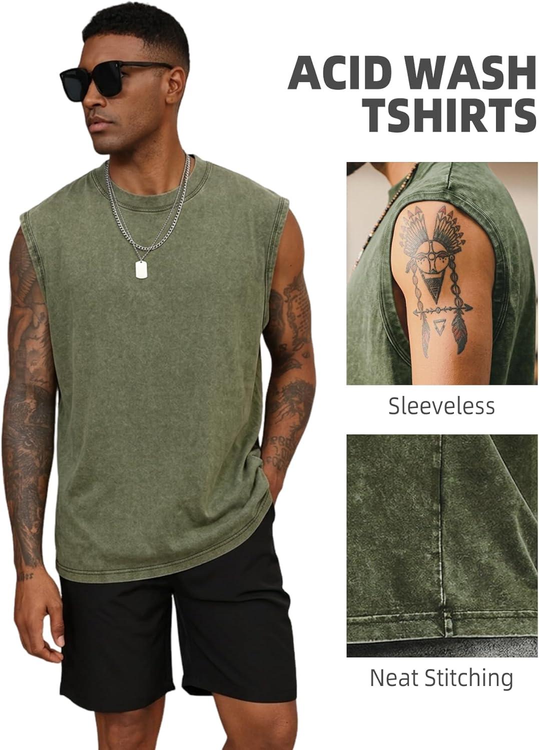 image:imageArssm Sleeveless Shirts for Men Tank Tops Cotton Acid Wash Tees Muscle Workout Running Tank TopsArmy