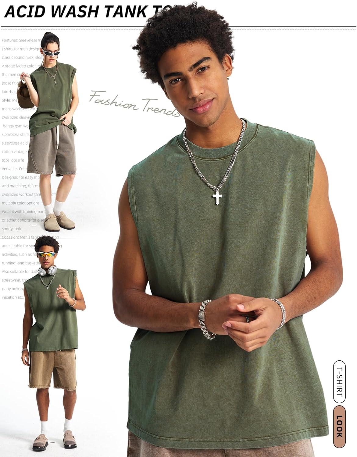 image:imageArssm Sleeveless Shirts for Men Tank Tops Cotton Acid Wash Tees Muscle Workout Running Tank TopsArmy