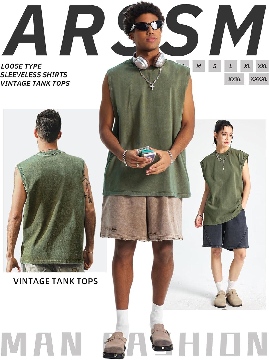 image:imageArssm Sleeveless Shirts for Men Tank Tops Cotton Acid Wash Tees Muscle Workout Running Tank TopsArmy