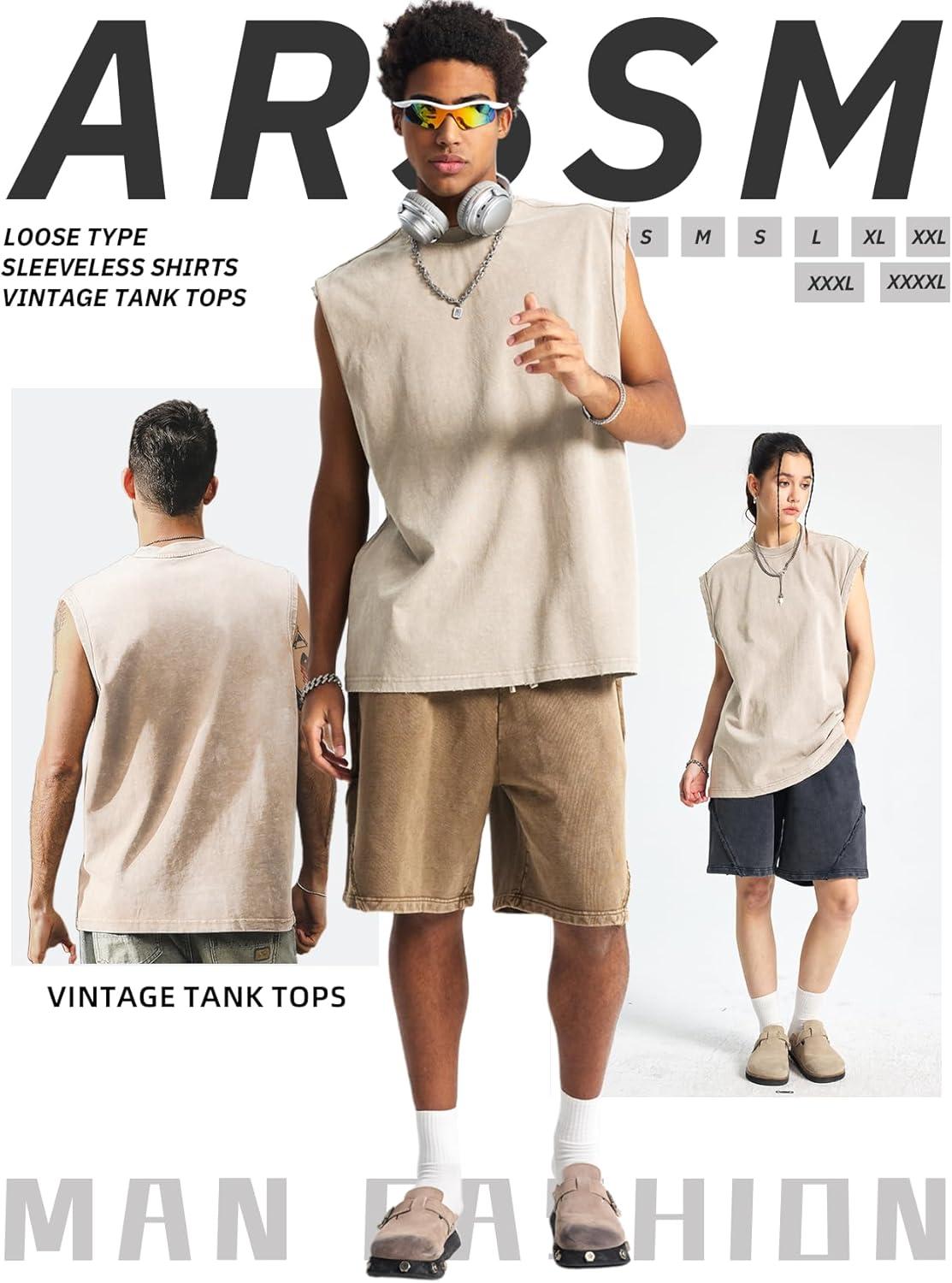 image:imageArssm Sleeveless Shirts for Men Tank Tops Cotton Acid Wash Tees Muscle Workout Running Tank TopsBeige