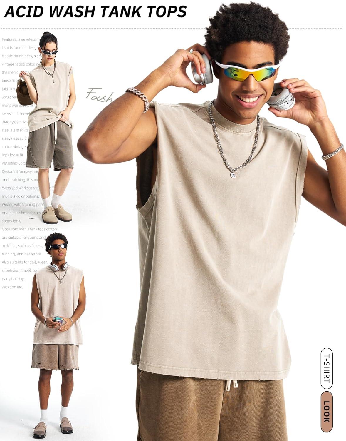 image:imageArssm Sleeveless Shirts for Men Tank Tops Cotton Acid Wash Tees Muscle Workout Running Tank TopsBeige