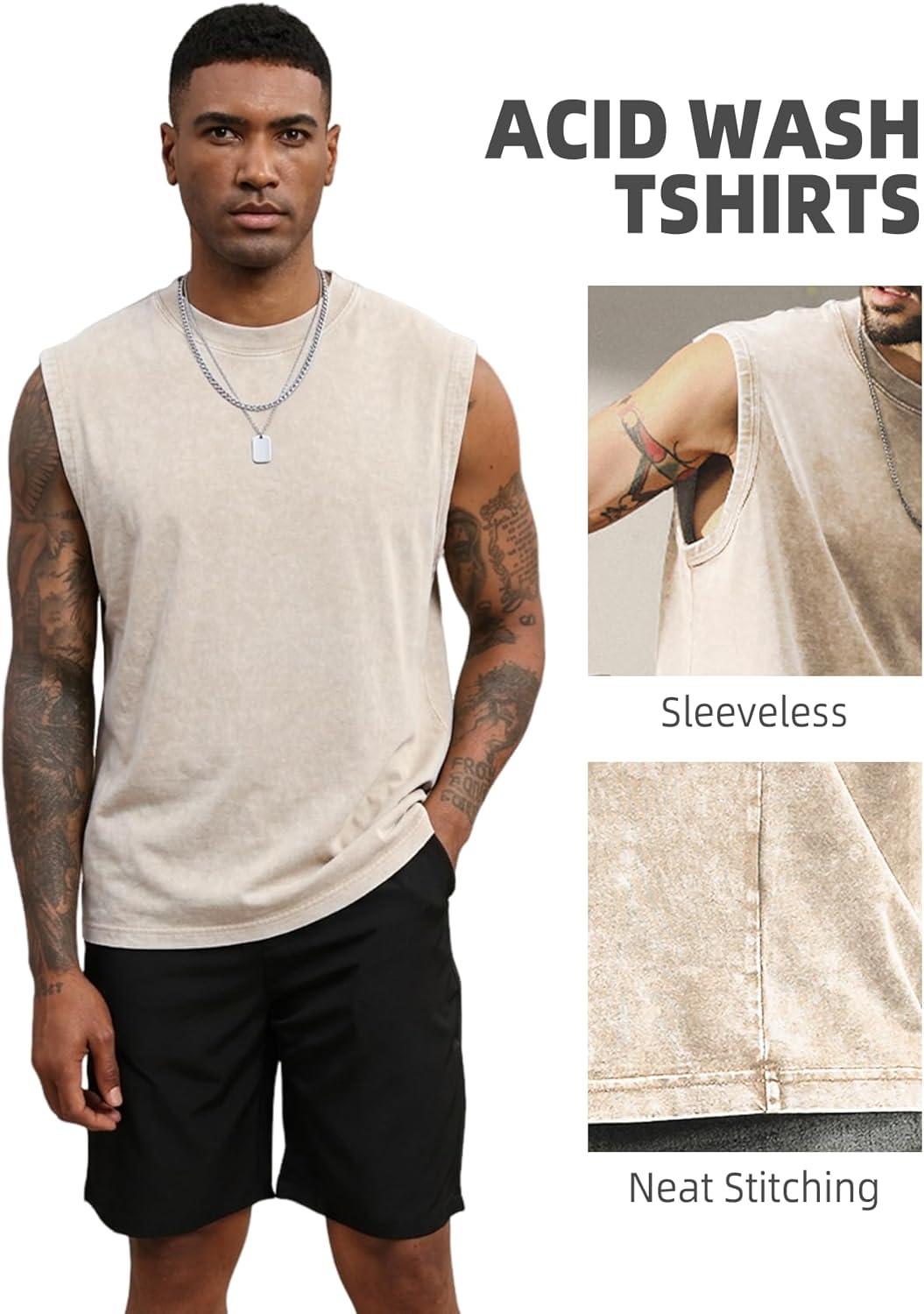 image:imageArssm Sleeveless Shirts for Men Tank Tops Cotton Acid Wash Tees Muscle Workout Running Tank TopsBeige