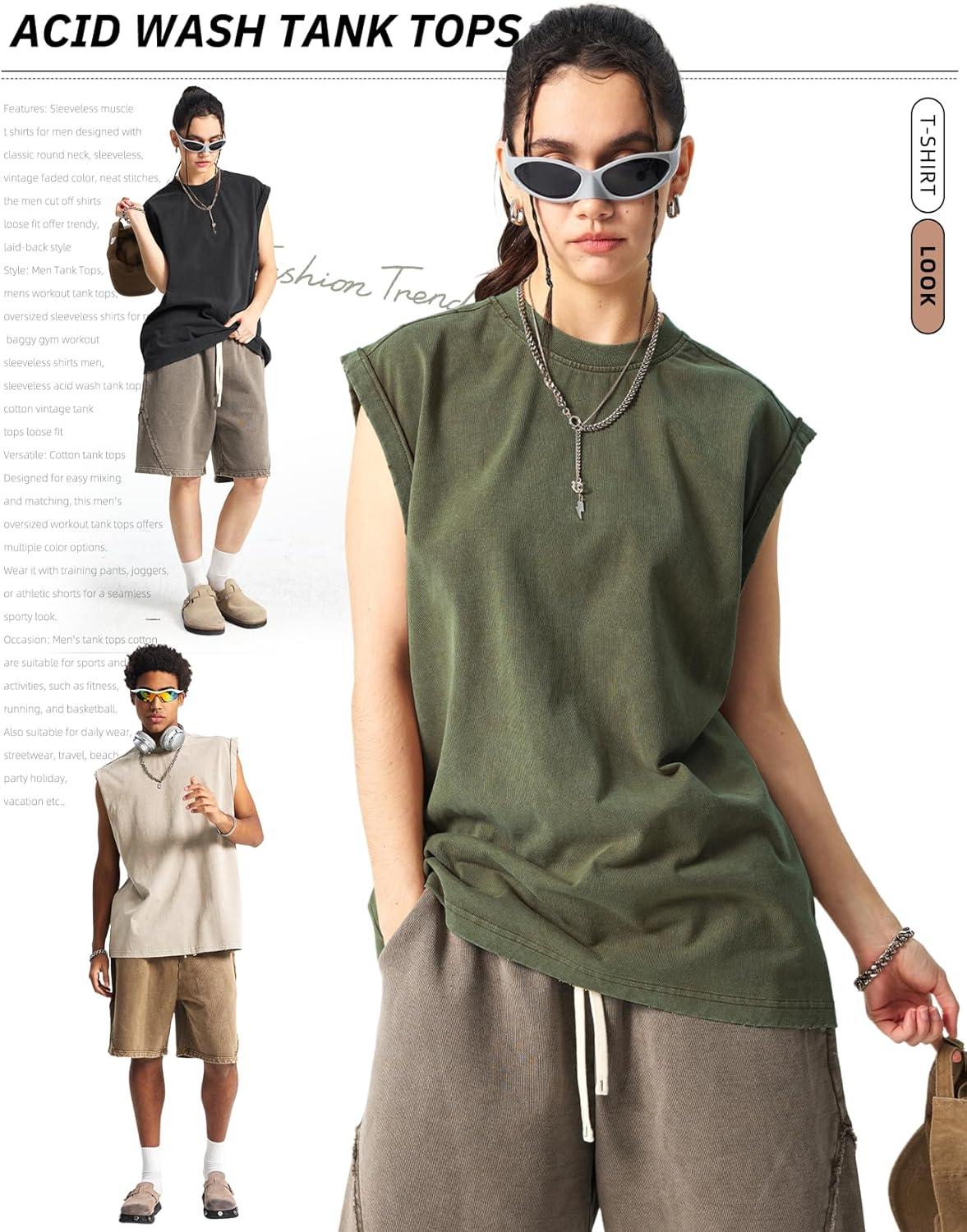 image:imageArssm Sleeveless Shirts for Men Tank Tops Cotton Acid Wash Tees Muscle Workout Running Tank TopsBlackbeigearmy