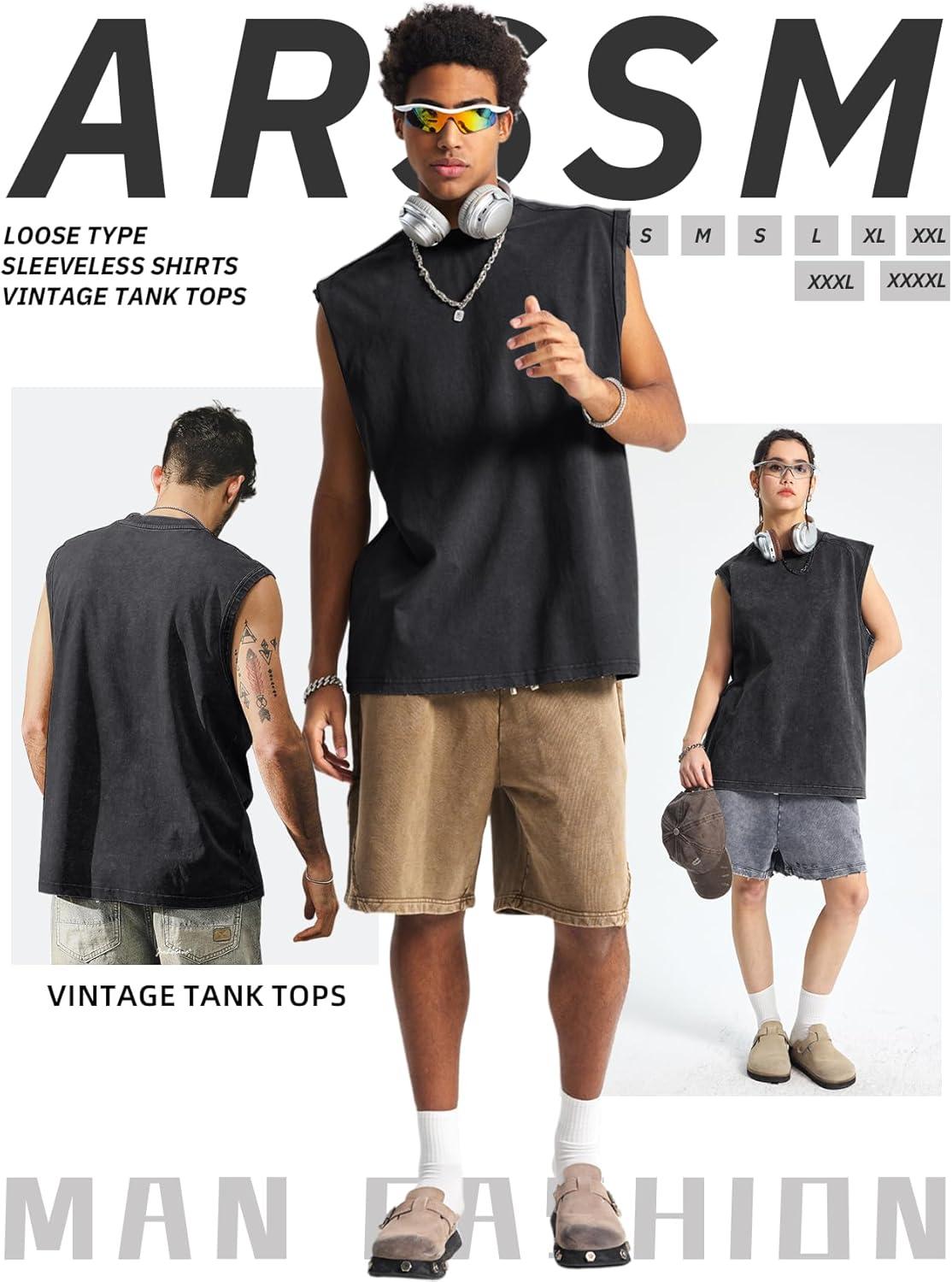 image:imageArssm Sleeveless Shirts for Men Tank Tops Cotton Acid Wash Tees Muscle Workout Running Tank TopsBlackblackblack
